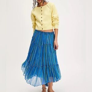 Free People One Ember Printed Asymmetrical MIDI Skirt Blue Marina Size Med NWT